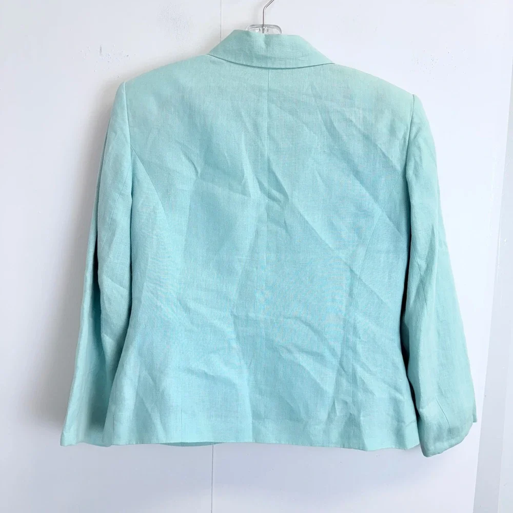 Talbots Vintage 100% Irish Linen‎ 2 Piece Pant Suit Light Blue Zip Jacket Size 8